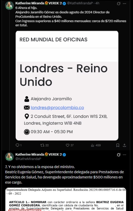Katherine Miranda mencionó el caso del hijo Alejandro Jaramillo Gómez, que es director de ProColombia en el Reino Unido - crédito @KatheMirandaP/X