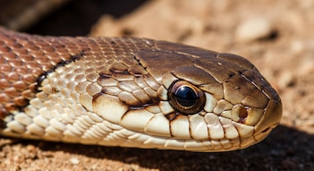 Cabeza de serpiente con ojo redondo y escamas de tonos marrones, beige y gris sobre suelo seco rojizo con luz lateral.