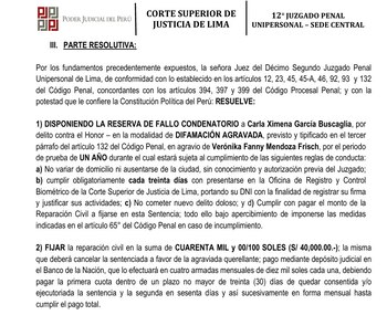 Sentencia contra Carla García.