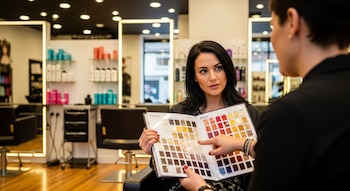 Una mujer sostiene un catálogo de tintes de cabello mientras otra mujer señala un color. Se observa un salón de belleza con estantes de productos y espejos iluminados.