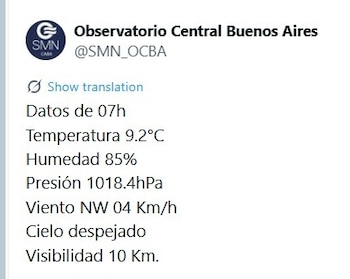 Captura de pantalla de un tuit con datos meteorológicos: temperatura 9.2°C, humedad 85%, presión 1018.4hPa, viento NW 04 Km/h, cielo despejado, visibilidad 10 Km