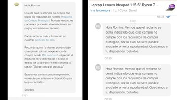 Respuestas de Mercado Libre (izquierda