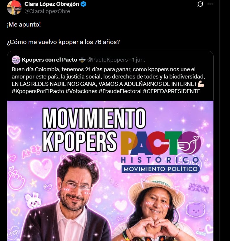 Clara López manifestó públicamente su intención de convertirse en una seguidora más del género pop coreano - crédito @ClaraLopezObre/X