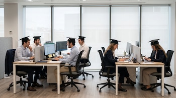 Cuatro hombres y dos mujeres con ropa formal y birretes de graduación trabajan frente a computadoras en un espacio de oficina iluminado.