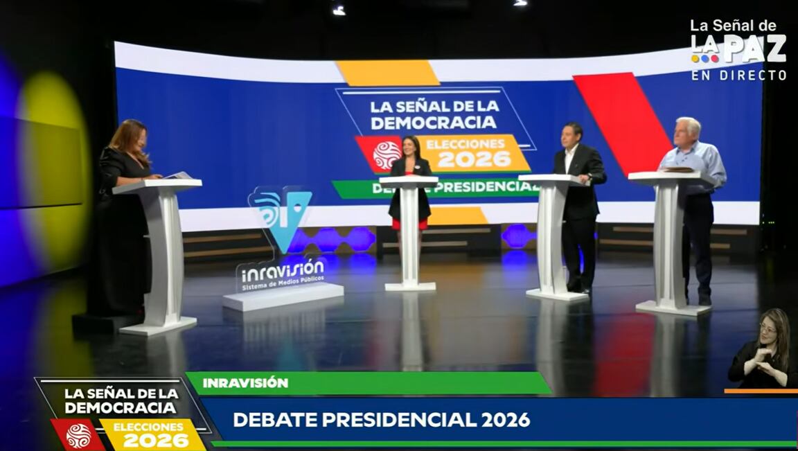 Miguel Uribe Londoño, Sondra Macollins y Mauricio Lizcano fueron los únicos candidatos presentes en el primer debate presidencial realizado por Rtvc. - crédito captura de video Rtvc