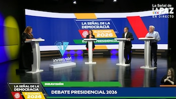Miguel Uribe Londoño, Sondra Macollins y Mauricio Lizcano fueron los únicos candidatos presentes en el primer debate presidencial realizado por Rtvc. - crédito captura de video Rtvc