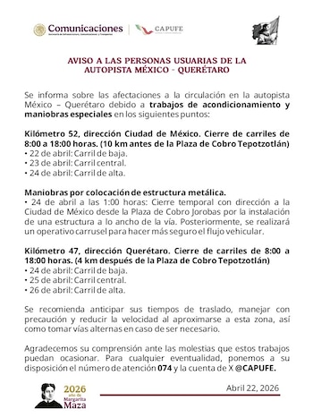 Documento oficial blanco de Comunicaciones y CAPUFE detallando cierres de carriles en la Autopista México-Querétaro del 22 al 26 de abril de 2026