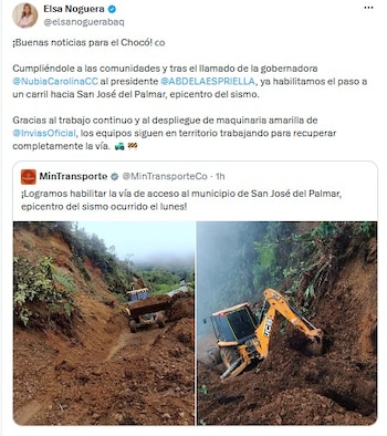 La ministra de Transporte Elsa Noguera anunció que ya se restableció la movilidad parcial en la vía hacia San José del Palmar, en el departamento de Chocó - crédito @elsanoguerabaq/X