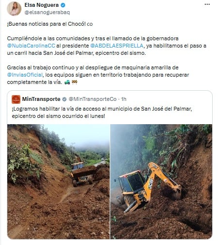 La ministra de Transporte Elsa Noguera anunció que ya se restableció la movilidad parcial en la vía hacia San José del Palmar, en el departamento de Chocó - crédito @elsanoguerabaq/X
