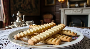 Galletas escocesas doradas y rizadas en plato de porcelana floral sobre tapete de encaje blanco. Al fondo, un salón victoriano oscuro con chimenea y juego de té.