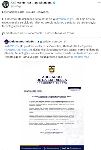 José Manuel Restrepo resaltó el mérito y la trayectoria de Claudia Benavides en su llegada a Minciencias - crédito @jrestrp/X