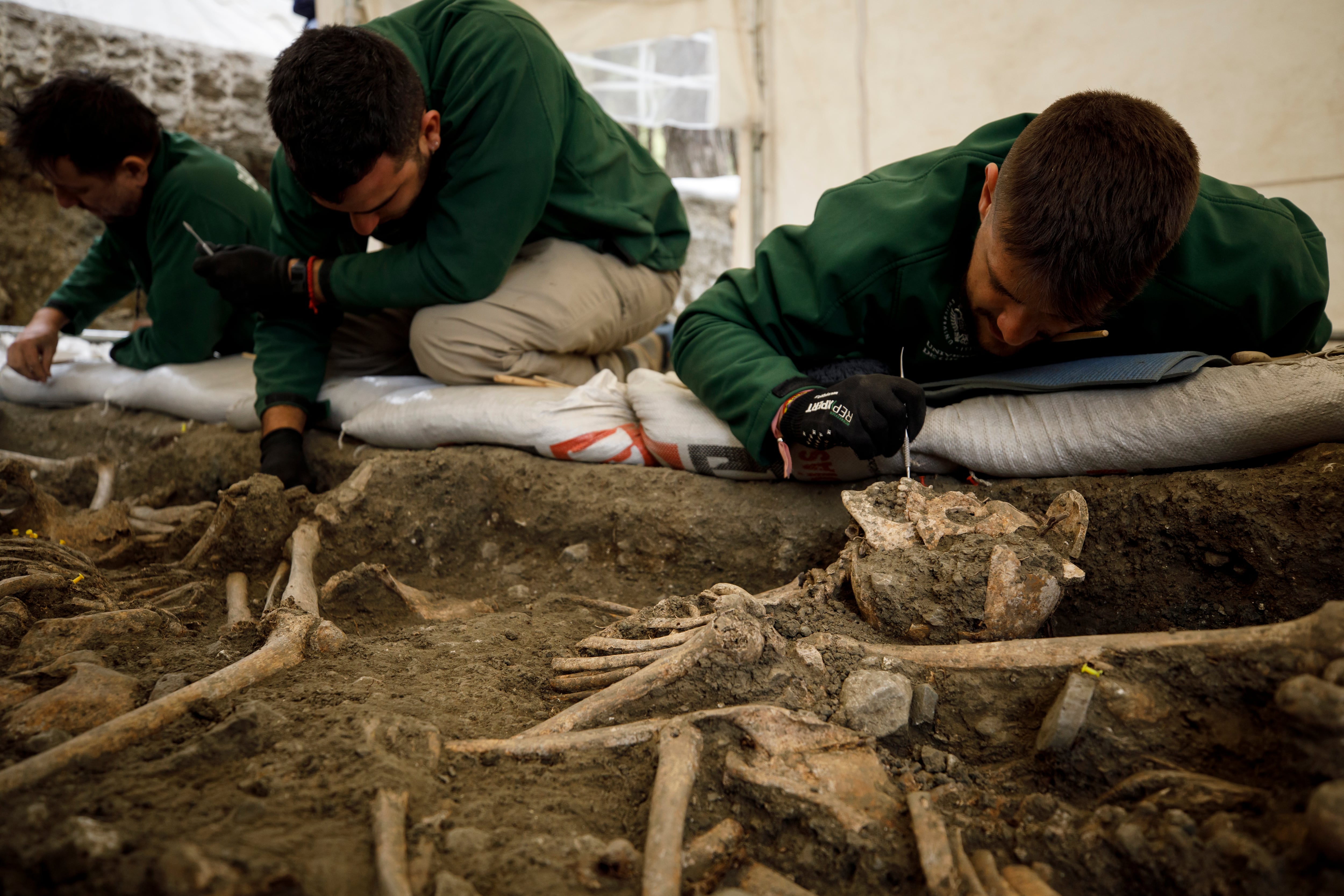Trabajadores durante la excavación una fosa común, en Granada. (Álex Cámara / Europa Press)