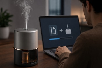 Un difusor cilíndrico que expulsa vapor sobre una mesa de madera junto a un hombre que utiliza una computadora portátil con una barra de descarga.