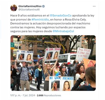 Gloría Inés Ramírez, actual ministra del Trabajo, recordó en redes sociales la aprobación de la ley como un hito en la lucha por espacios seguros para las mujeres en Colombia - crédito @GloriaRamirezRi / X