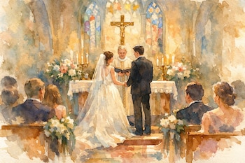Ilustración de acuarela de una boda en una iglesia. Se ve una novia con vestido blanco, un novio de traje oscuro, un sacerdote, un crucifijo y velas.