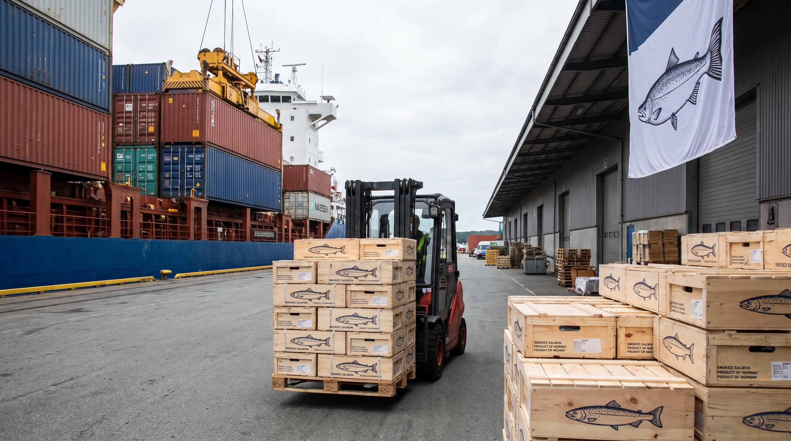 Cajas de salmón ahumado procedente de Noruega son movilizadas en un puerto comercial durante el proceso de importación del producto. (Imagen Ilustrativa Infobae)