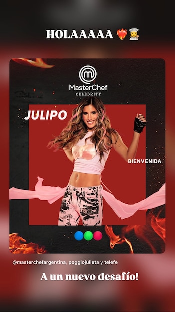 Julieta Poggio posa sonriente en una imagen promocional del programa MasterChef Celebrity sobre un fondo rojo y negro