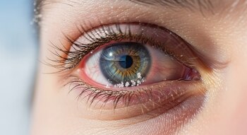 Primer plano de un ojo humano con cristales de hielo en las pestañas y signos de enrojecimiento ocular.