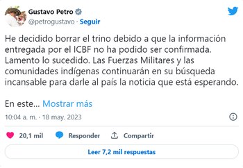 Trino Petro anunciando la continuidad de las labores de búsqueda
Fuente: @petrogustavo