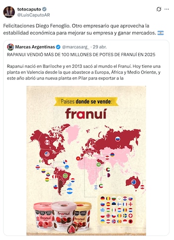 Luis Caputo felicitó a Diego Fenoglio por la venta de más de 100 millones de potes de Franuí en 2025
