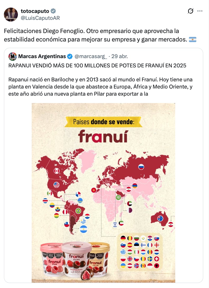 Luis Caputo felicitó a Diego Fenoglio por la venta de más de 100 millones de potes de Franuí en 2025