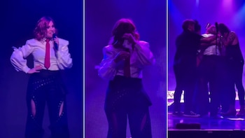 Leire Martínez rompe a llorar en un concierto tras el inicio de la gira de La Oreja de Van Gogh con Amaia Montero. (Montaje realizado por Infobae)