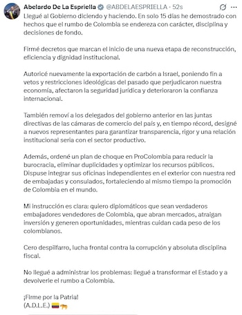 El jefe de Estado confirmó el retiro de la totalidad de los delegados del Gobierno anterior de las juntas directivas de las cámaras de comercio y su reemplazo por nuevos representantes - crédito @ABDELAESPRIELLA/X