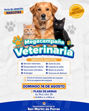 La campaña veterinaria se llevará a cabo este domingo 16 de agosto - Créditos: Municipalidad de San Martín de Porres.