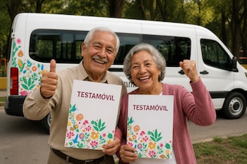 Un hombre y una mujer mayores sonríen frente a una camioneta blanca y sostienen carpetas impresas con la palabra Testamóvil.