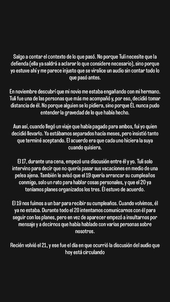 Captura de pantalla con texto blanco sobre fondo oscuro que detalla un descargo personal sobre eventos que preceden la filtración de un audio