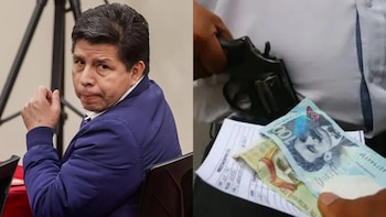 Diptych de Pedro Castillo en primer plano y una mano con un revólver, billetes de 100 soles y un documento con la inscripción "PRESTAEXPRESS"