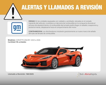 Infografía de llamado a revisión con el logo GM, un icono de advertencia, texto sobre riesgo de derrame de combustible en Corvette, y la imagen de un coche deportivo naranja