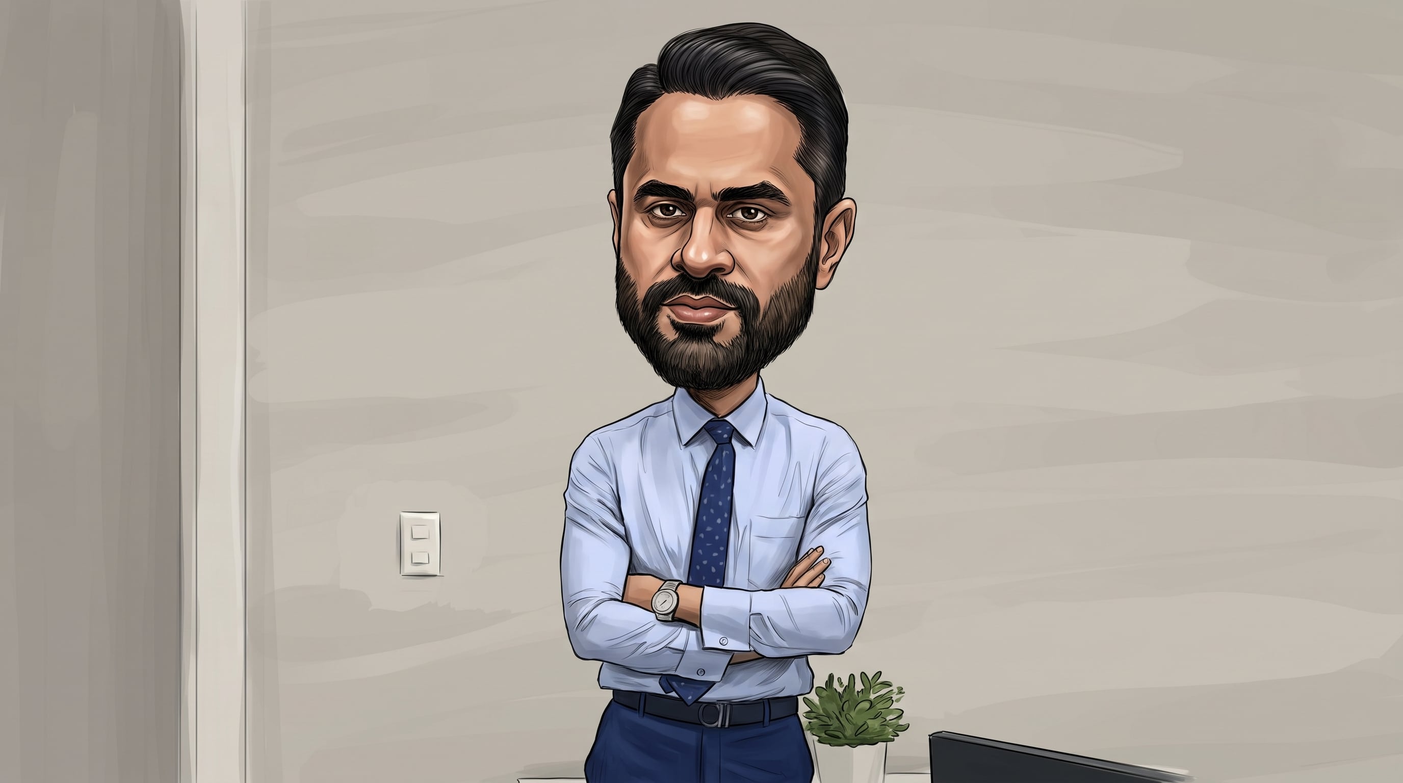 Una caricatura realista muestra a un hombre con barba vestido con camisa, corbata y pantalón, de brazos cruzados, en un entorno de oficina. (Imagen Ilustrativa Infobae)