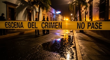 Cinta amarilla con el texto "ESCENA DEL CRIMEN NO PASE" frente a siluetas de agentes en una calle mojada de noche con edificios y palmeras al fondo.