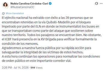 Gobernadora de Chocó comunicó el rescate de 39 personas secuestrados - crédito @NubiaCarolinaCC/X