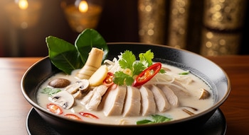 Un bol de Tom Kha Gai tailandés con pollo en rodajas, champiñones, galanga, hojas de lima kaffir, chiles rojos y cilantro fresco flotando en caldo de coco.