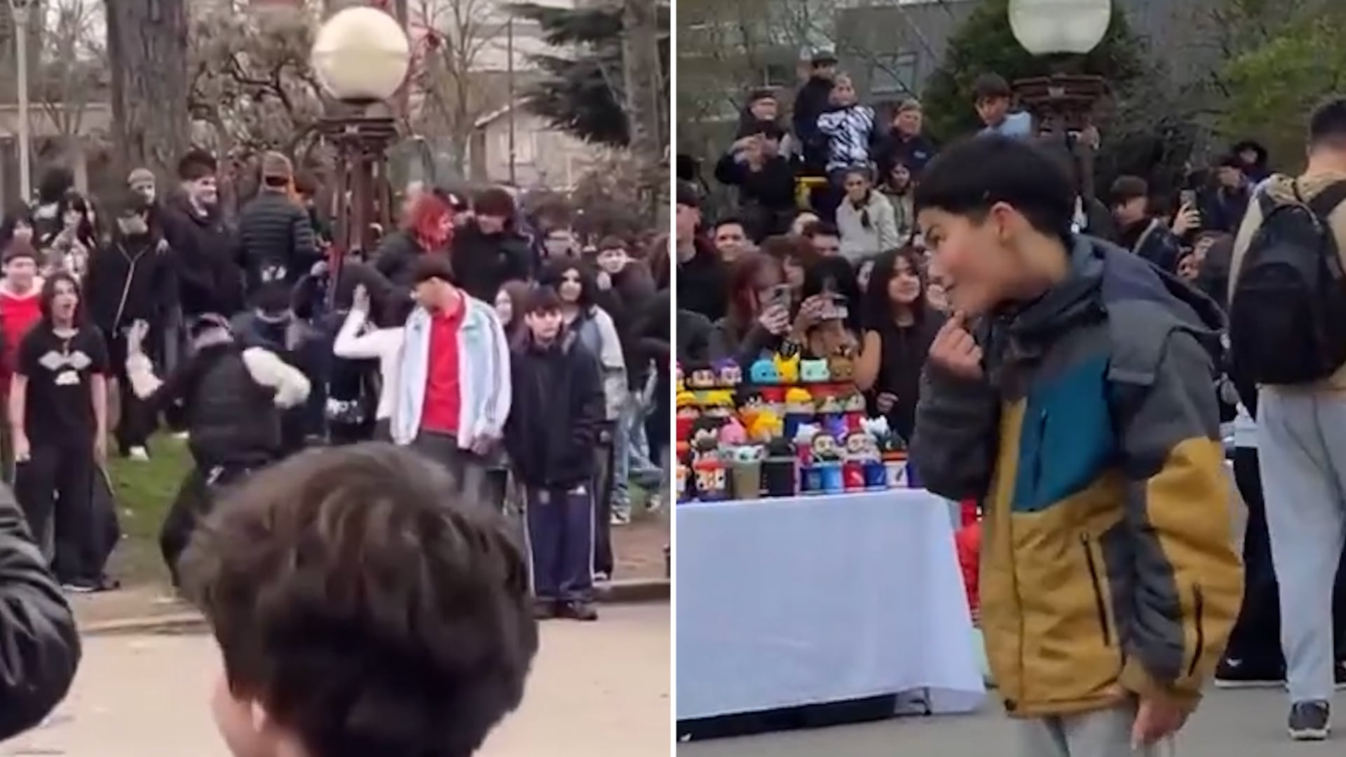 Un chico realiza una performance. Del otro lado, parte de las agresiones