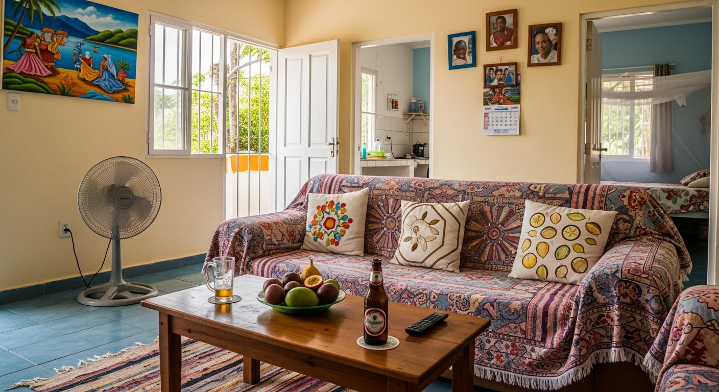Un interior de sala de estar en República Dominicana muestra mobiliario, objetos decorativos y elementos de uso cotidiano, con acceso a otras habitaciones de la vivienda. (Imagen Ilustrativa Infobae)