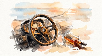 Ilustración acuarela de un volante de UTV Can-Am Maverick X3 y una botella de alcohol derramada en la arena, con tonos cálidos de atardecer sobre el mar.