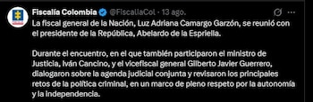 La reforma al sistema penal colombiano se planteó mientras la Fiscalía General de la Nación enfrenta daños por el terremoto del 10 de agosto y problemas de operación - crédito @FiscaliaCol/X