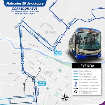 El Corredor Azul circulará por las avenidas Francisco Pizarro, Caquetá y Nicolás de Piérola cuando la procesión avance por la avenida Tacna. El servicio extraordinario 08 también utilizará vías alternas para continuar sus recorridos - Créditos: Corredor Azul.