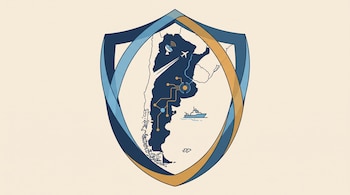 Mapa con la silueta de Argentina dentro de un escudo, acompañado por íconos de radar, avión, barco y circuitos digitales.