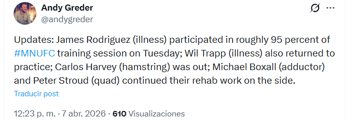 Post de Andy Greder sobre la sesión de entrenamiento completada por James Rodríguez con Minnesota United - crédito X