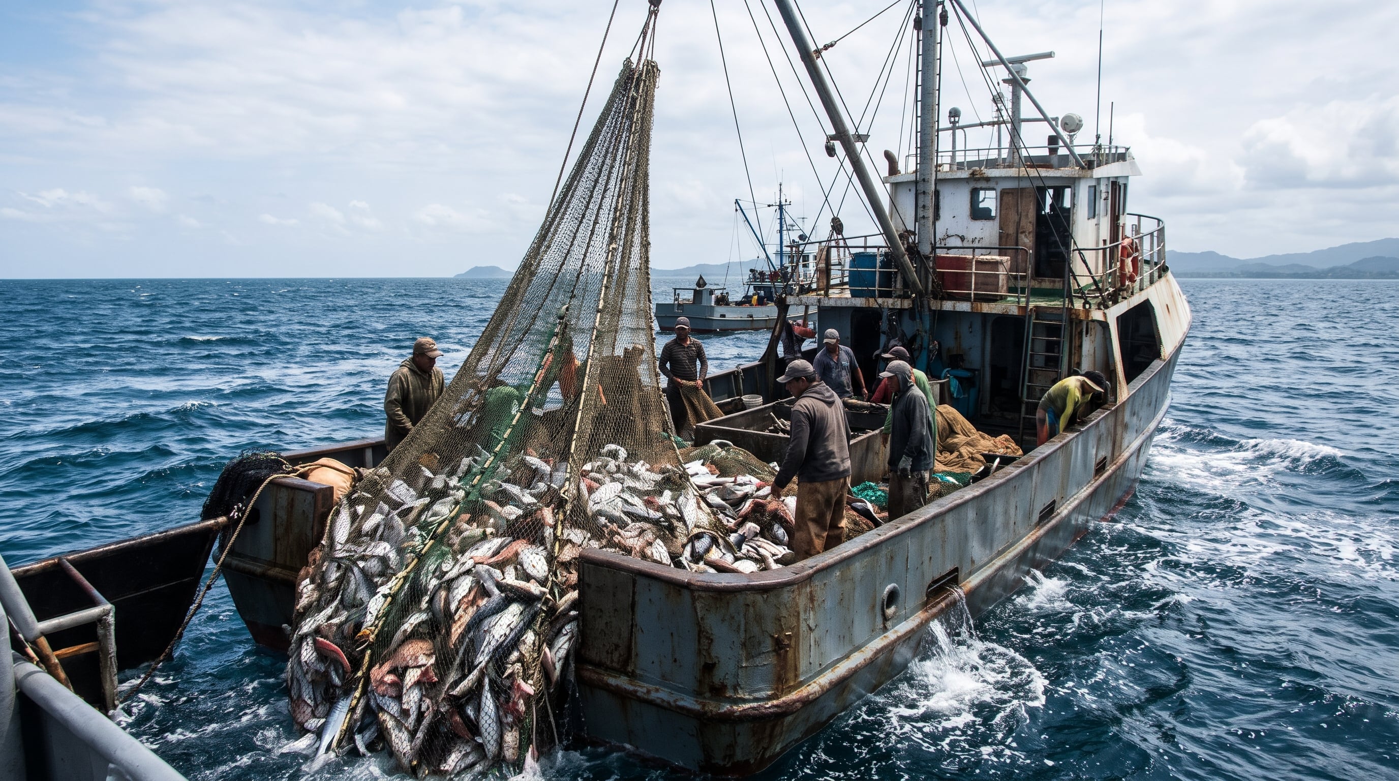Pescadores a bordo de una embarcación descargan una red llena de peces durante actividades de pesca ilegal. (Imagen Ilustrativa Infobae)
