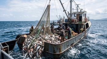 Tripulantes en la cubierta de un barco pesquero reciben una red repleta de peces izada desde el mar abierto.