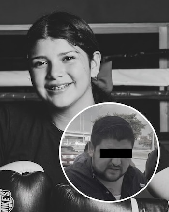 Retrato en blanco y negro de una joven sonriente con brackets. Un recuadro circular muestra a un hombre con una banda negra sobre los ojos