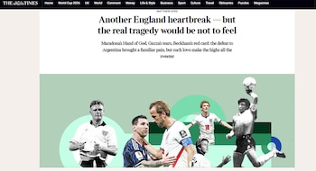 Página web de The Times con titular y texto, ilustrada con un collage de futbolistas: Maradona, Messi, Kane y otros jugadores de Inglaterra