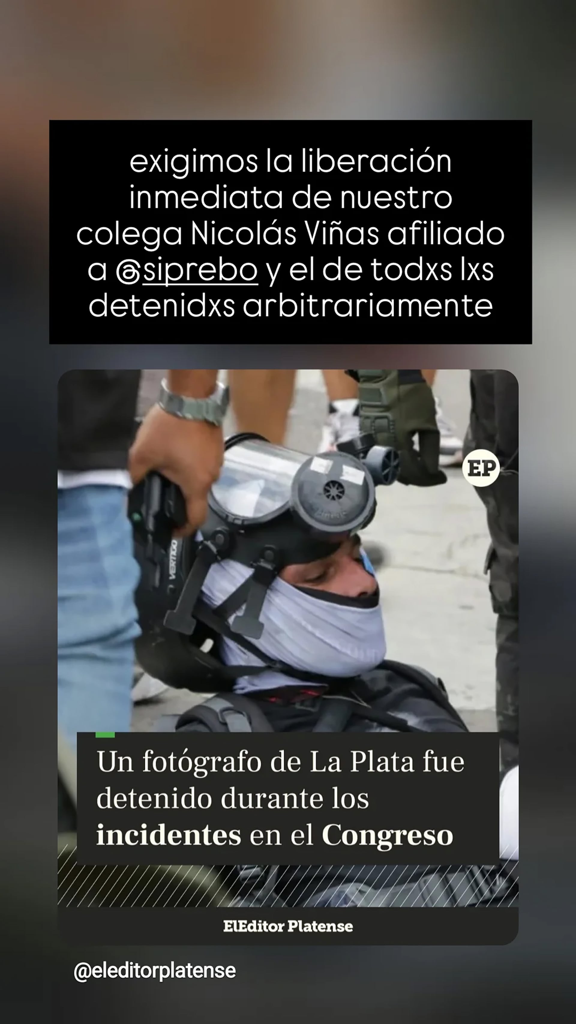 El reclamo posteado desde el sitio de ARGRA para la liberación del fotógrafo de La Plata, Nicolás Viñas