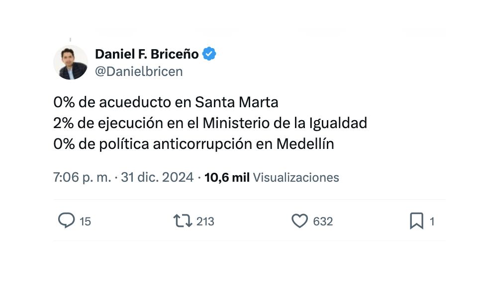 Con este mensaje, el concejal Daniel Briceño lanzó sus críticas a Francia Márquez, Daniel Quintero y Carlos Caicedo - crédito @danielbricen/X