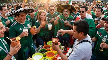 Una multitud de aficionados mexicanos con camisetas verdes y sombreros disfrutan de micheladas y bebidas típicas, servidas por un vendedor con limones y chiles.